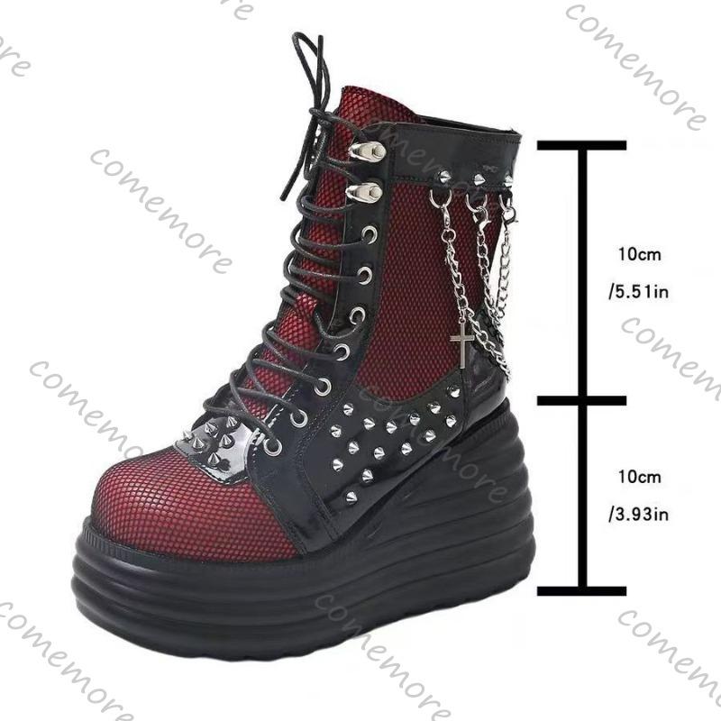 Comemore Women's Shoes Fashion Platform Boots Ladies Wedges High Heels Short Botines Round Head Mixed Color Chain Punk Botas