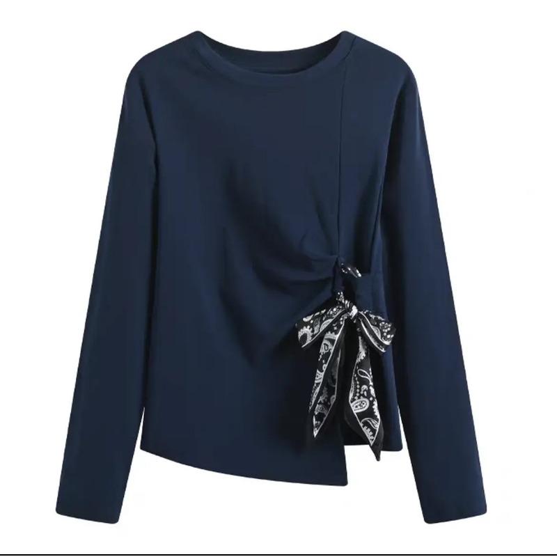 New Spring and Autumn Lace-up Waist Women's Long-sleeved T-shirt Slimming Belly-covering Bottoming Shirt