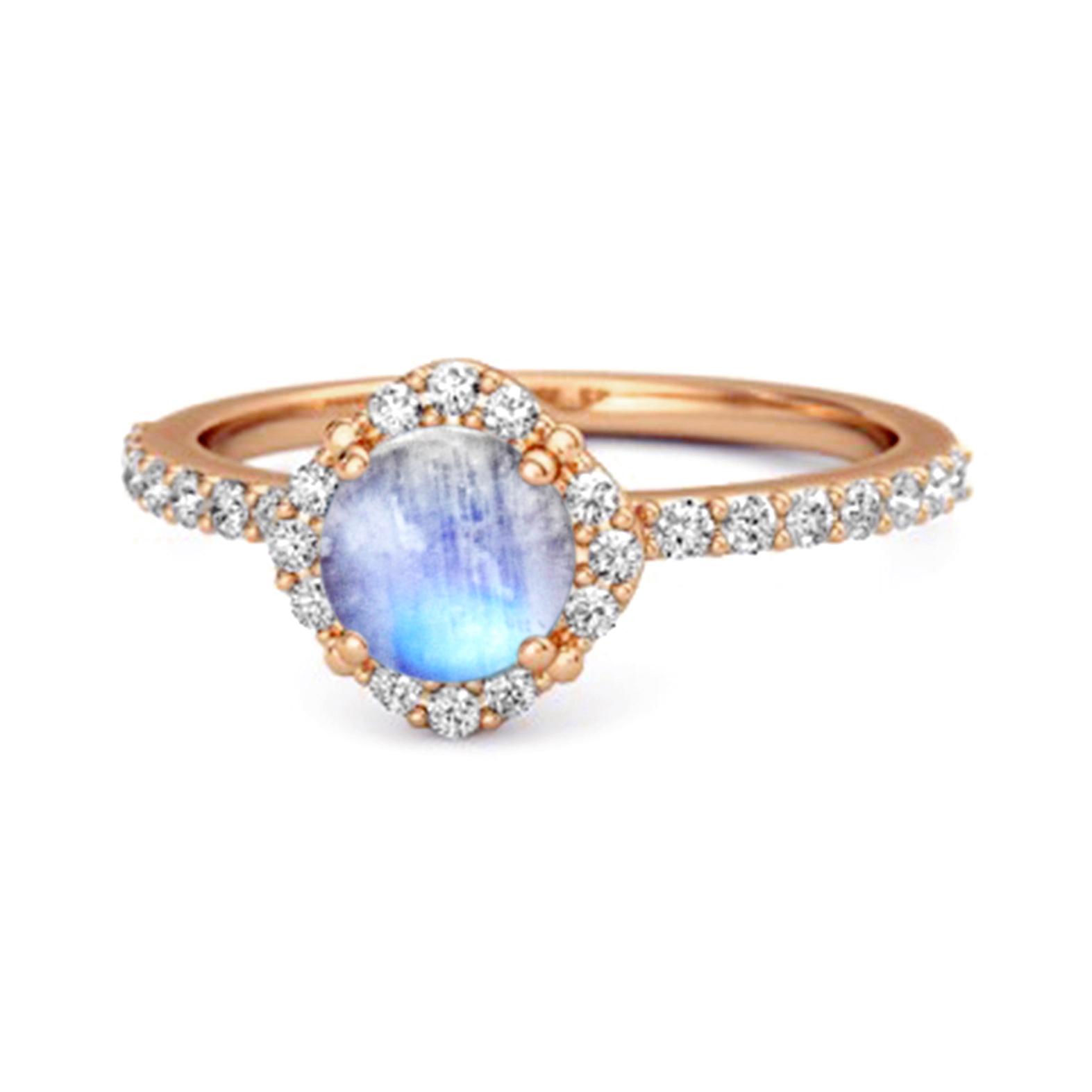 Moonstone Floral Halo Pave Ring - 925 Sterling Silver Rose Gold Vermeil 10.5