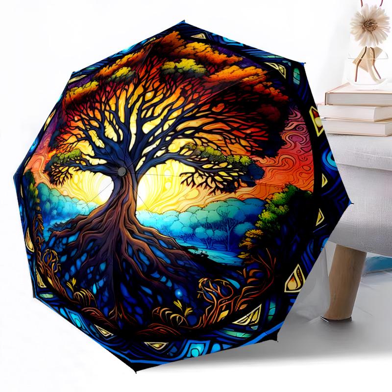 Goldener Baum des Lebens Automatischer Outdoor-Regenschirm Einziebares Design mit 8 Rippen Langlebig Leicht Perfektes Geschenk für Freunde Familie