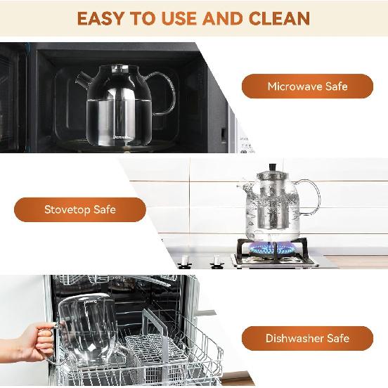 1500ml Glass Teapot with Infuser and Lid, 50oz Stovetop Safe Borosilicate Glass Tea Kettle with Removable Infuser for Loose Leaf Tea, Herbal Tea,