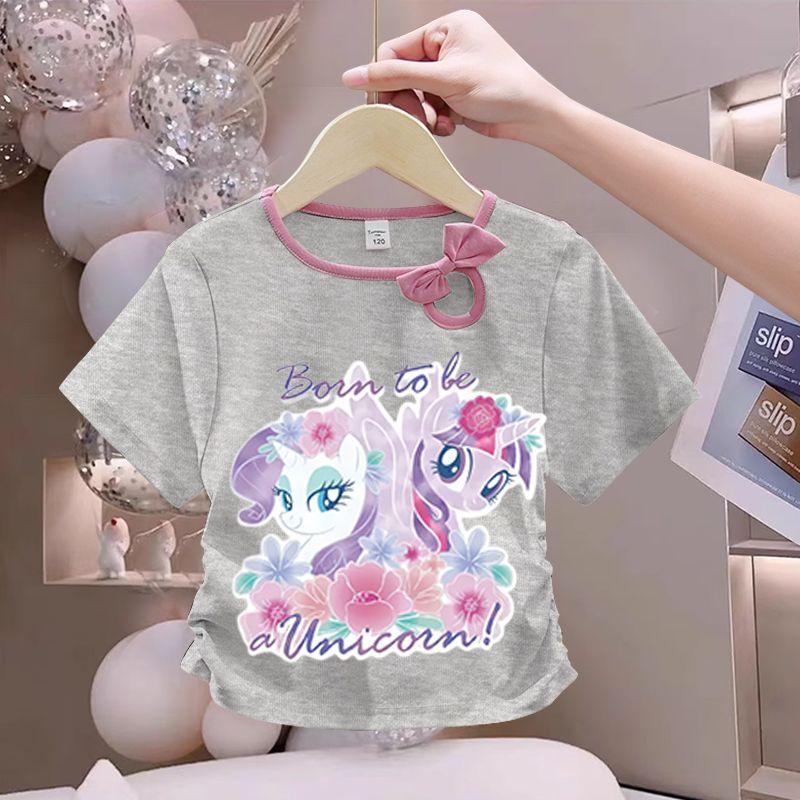 Girls' Fashionable Bow Tie Top for Summer, Children's Round-neck Short-sleeved Pure Cotton T-shirt