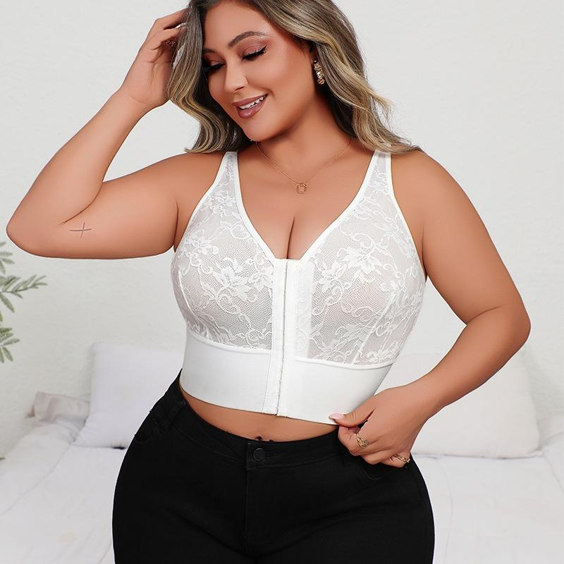 

Plus Size Women s Sexy Deep V Lace See-through Bra With Center Front Zipper And Beautiful Back Push-up Adjustable Bra XL белый