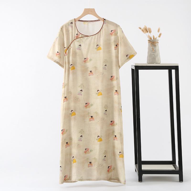 Women's Spring/Autumn Frog Button Sleep Dress - Short-Sleeved, Diagonal Lapel, Comfortable Chinese Style for Home or Outdoors