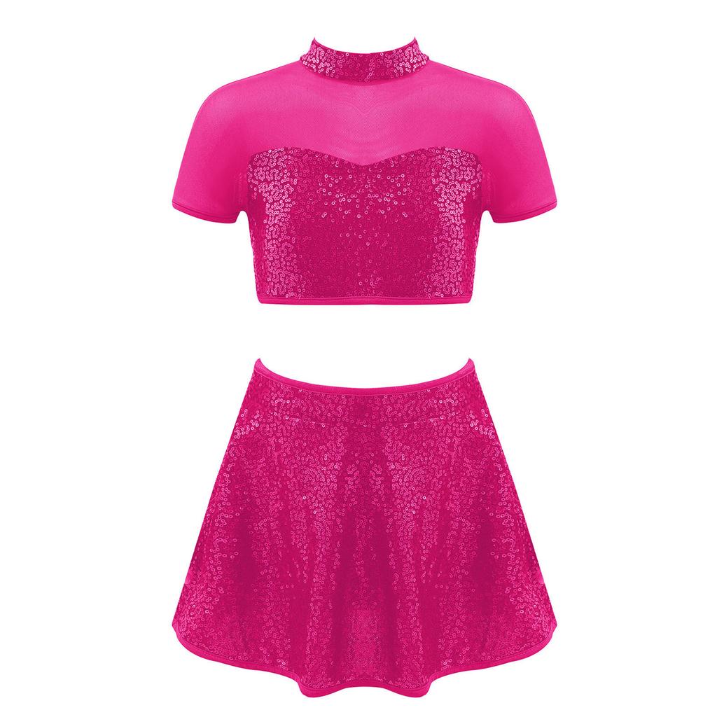 Kids Girls Sparkly Dance Outfit Stand Collar Crop Top Mesh Patchwork Open Back with Skirt