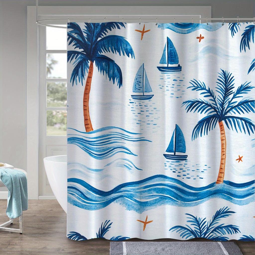 1 Tropical sailboat digital print shower curtain, polyester, stylish nautical theme, bathroom decoration for all seasons