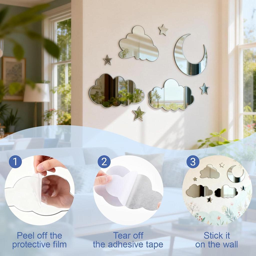 3D Moon Cloud Mirror Wall Decor Acrylic Mirror Wall Stickers Self Adhesive Decorative Moon Star Cloud Wall Decals for Baby Kids Children's Living Room