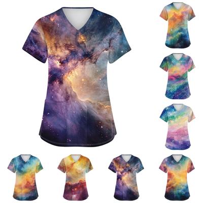 Women's Fashion V-neck Short Sleeve Workwear With Pockets Printed Tops