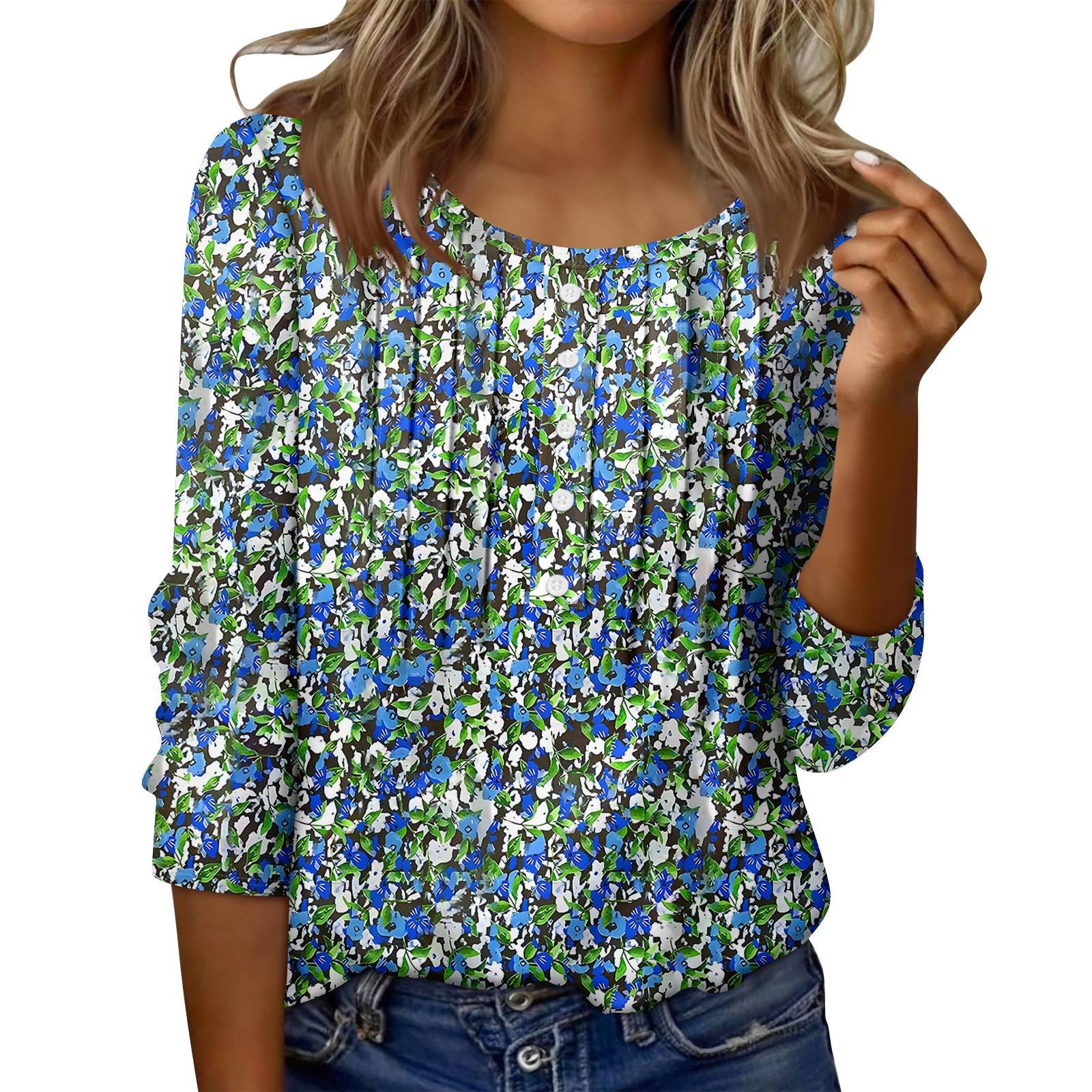 

Женский топ с круглым вырезом, декоративными пуговицами и полосками, повседневная футболка однотонного цвета с рукавом 3/4 L