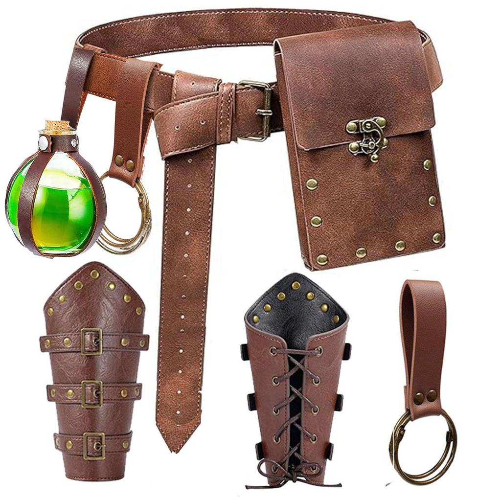 Medieval Leather Waistband Belt with Cord and Pouch
