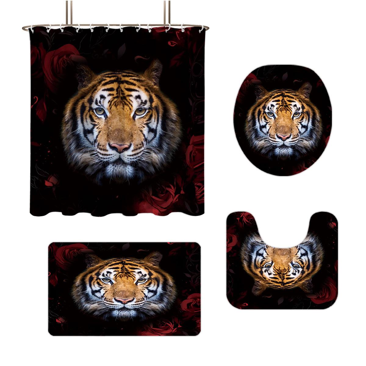 

Fierce Tiger Printed Bathroom 4-Piece Set 180X180 Waterproof Shower Curtain Floor Mat Toilet Mat U-Shaped Regular