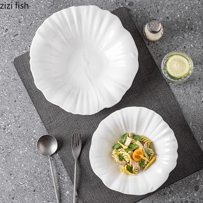 Pure White Flower Shape Slanted Edge Bowl Ceramic Salad Bowl Thick Soup Bowl Vegetable Bowls Noodle Bowls Specialty Tableware
