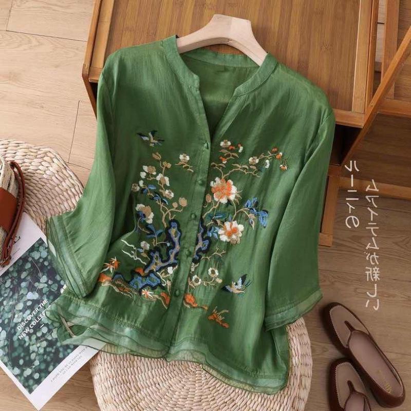 Embroidered Patchwork Cardigan - New Chinese Style Button-Up Shirt