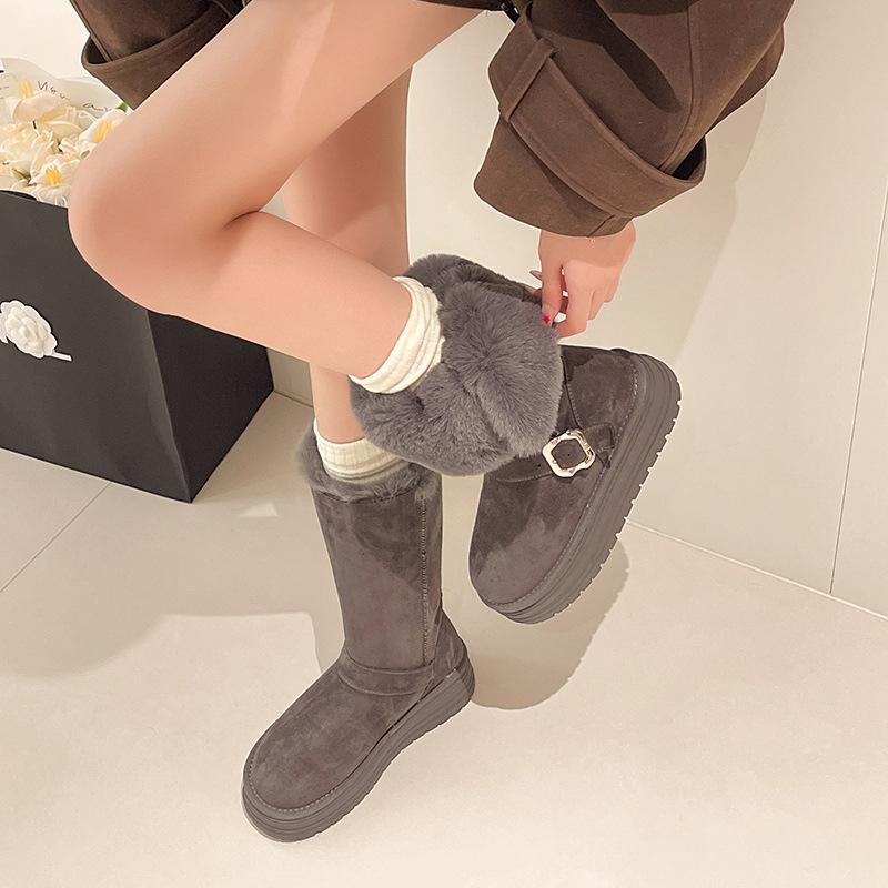 Faux Leather Snow Boots Women's Tall Tube New Winter Velvet Thickened Warm Medium Tube Non-slip and Cold-resistant Belt Buckle Women's Cotton Shoes