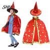 Breathable Witch Cape Adjustable Halloween Pentagram Printing with Wizard Costume Young Adults Hat Hand Bag Comfortable Kids