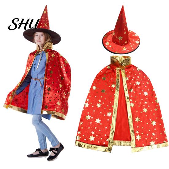 Breathable Witch Cape Adjustable Halloween Pentagram Printing with Wizard Costume Young Adults Hat Hand Bag Comfortable Kids