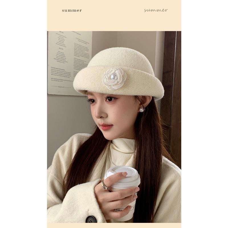 Women S French Style Short Brim Pearl Flower Warm Painter Hat Autumn Winter