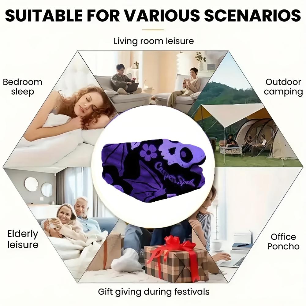1pc Gothic Purple Pink Black Skull & Bat Wing Flannel Blanket - 280gsm Heavyweight Soft Bedspread, All-Season Beige-Friendly Bed