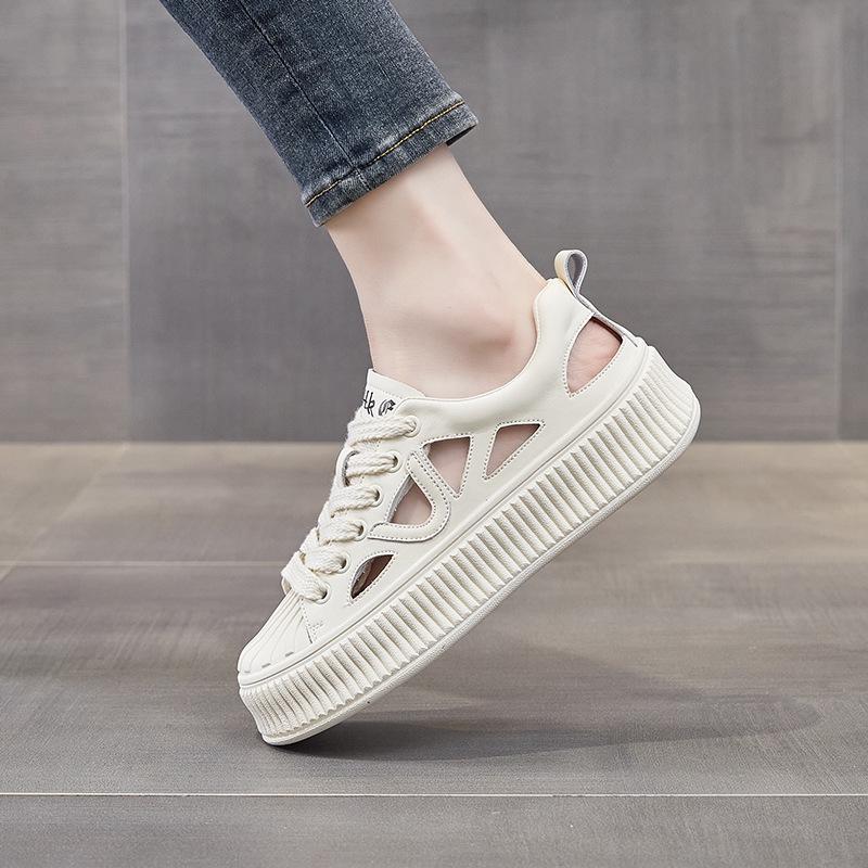 Women's Genuine Leather Summer White Sneakers - Shell Toe, Hollow Out, Thick Sole, Versatile Casual Skate & Sport Shoes.