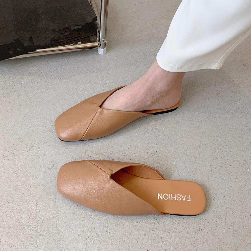 Fashion Women Mules Summer Elegant Square Closed Toe Flat Slippers Female Casual Leather Elegant Comfortable Slides Plus Size 35-43