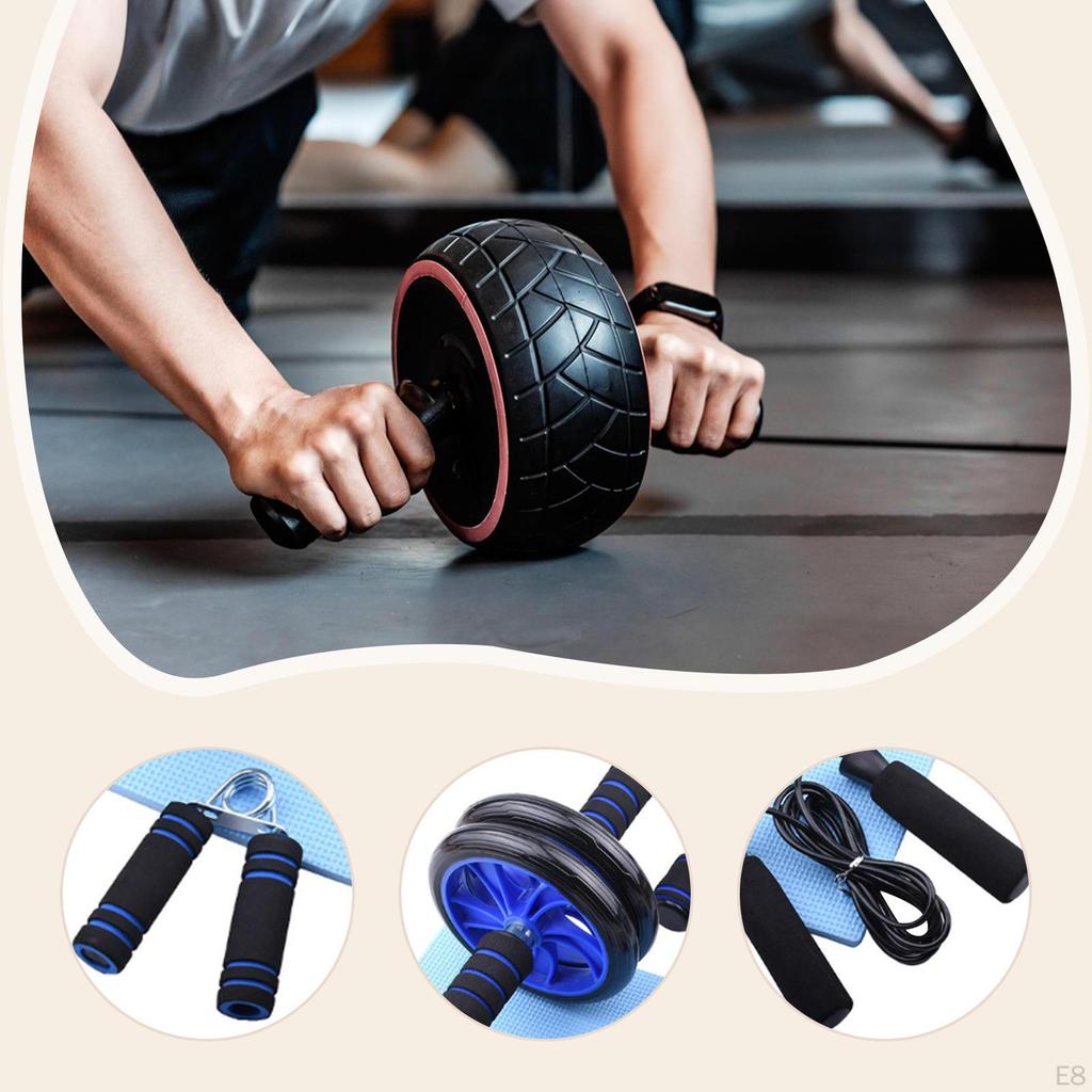 7 Piece Ab Workout Roller Wheel Kit Jump Rope Knee Pad Accessories Anti Slip Grip for Men and Women