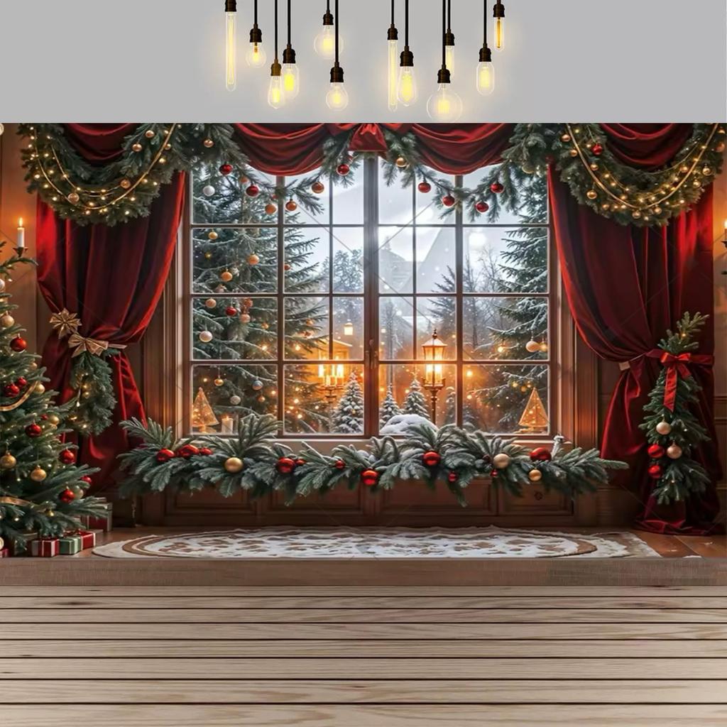 Christmas Red Curtain Decoration Backdrop Winter Snow Scenery Fireplace Santa Claus Photography Backdrop Holiday Party Supplies