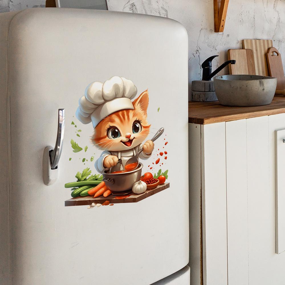 Self Adhesive Cartoon Chef Kitten Wall Stickers for Kitchen Cabinet Decor Peel and Stick Removable Waterproof
