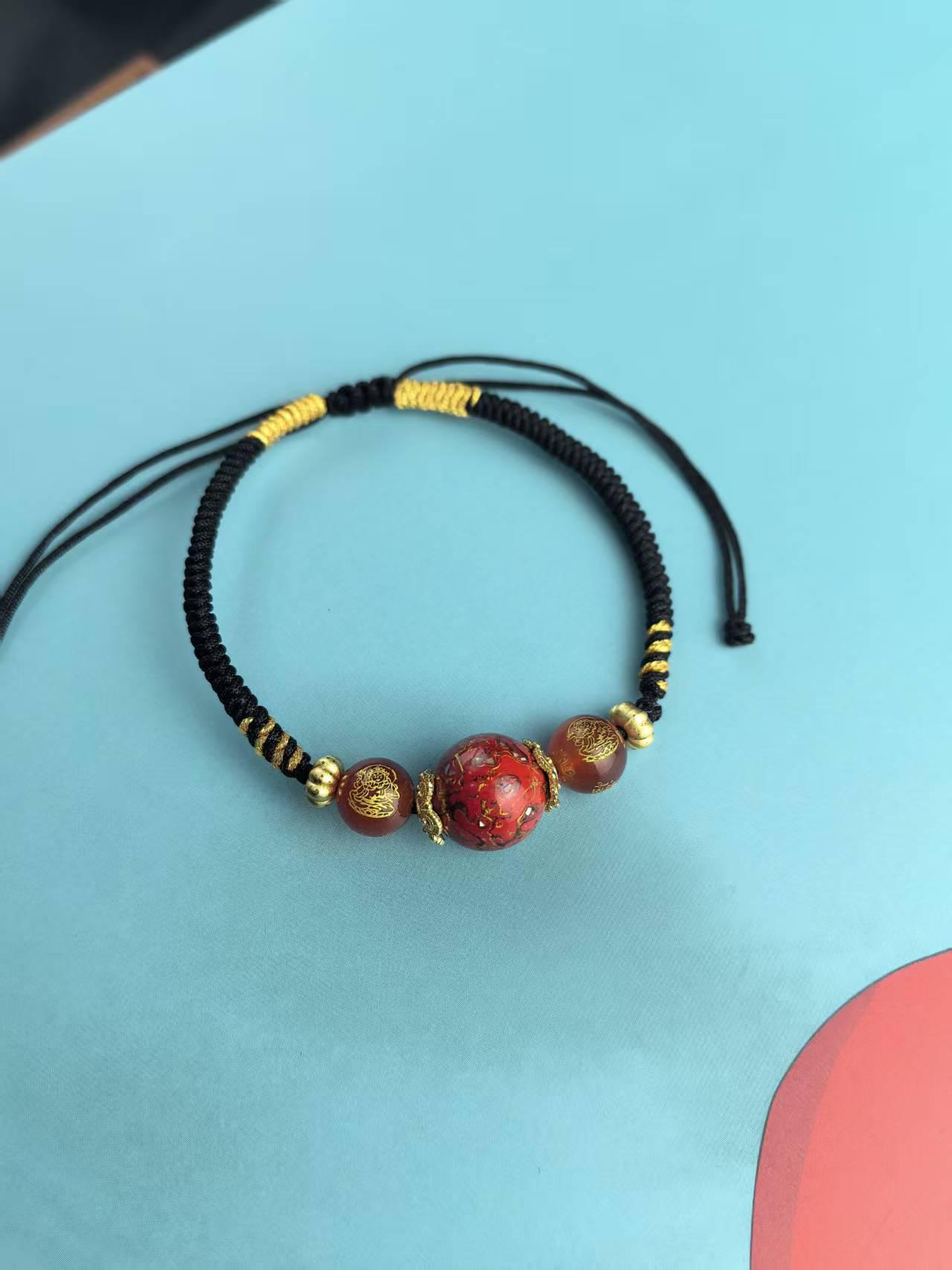 Red Gold Mother-of-Pearl Lacquer Bead Bracelet: Multi-Treasure Wenwan Buddhist Jewelry