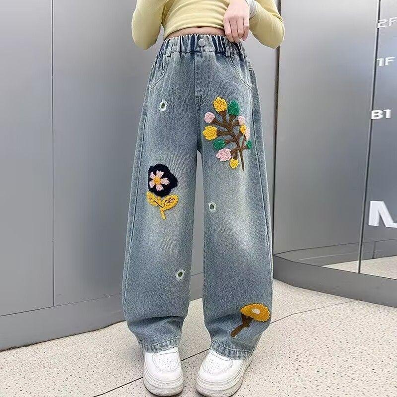 

Девочки Джинсы Весна и Осень Детские Брюки Модные Джинсы Девочки Весенние Повседневные Брюки с Широкими Штанинами 160