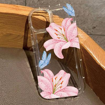 Pink Lily Print Clear Phone Case for Samsung Galaxy S25 S24 S23 S22 Ultra Plus S21 FE A53 A52 A14 A54 A55 A35 A15 Soft Cover