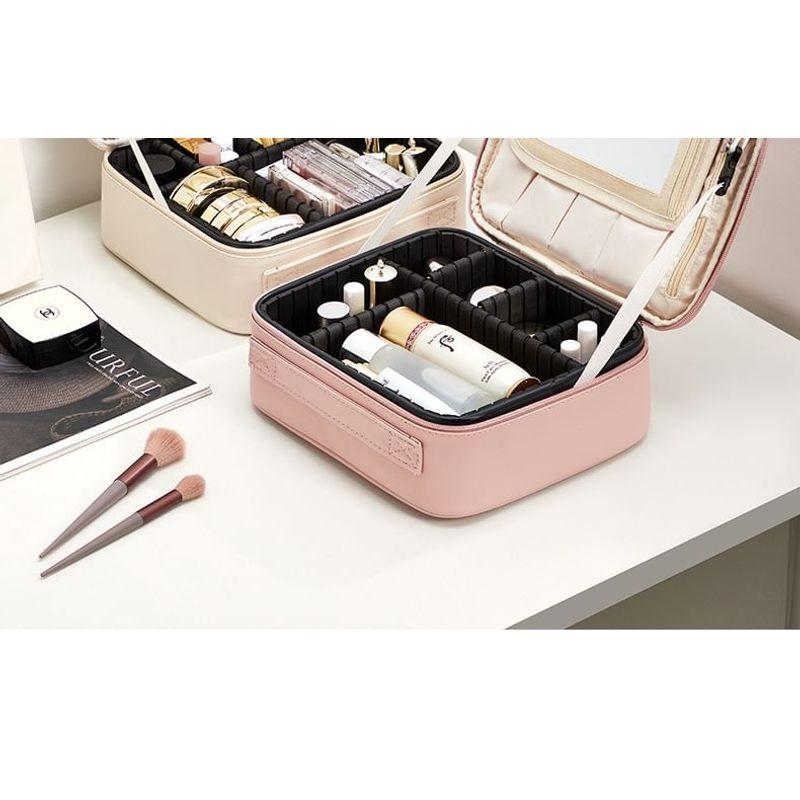 Buttermilk - Large Capacity Plain PU Cosmetic Makeup Bag With Mirror