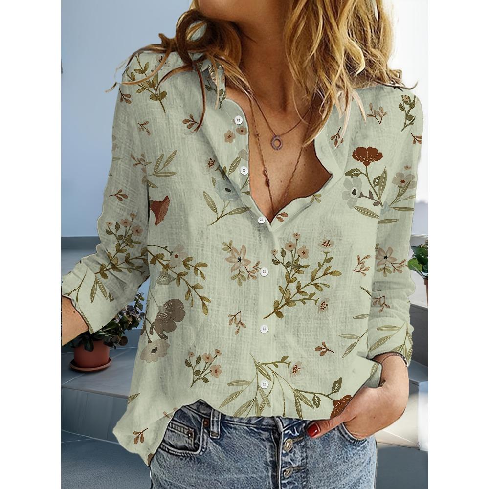 

Women s regular button-down shirt with a tea brown botanical pattern print XL