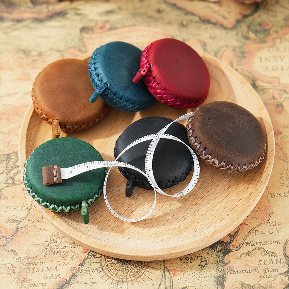 Hand Stitched Genuine Leather Mini Tape Measure 1.5M Auto Retractable Body Sewing Measuring Tape Portable Tailor Soft Ruler