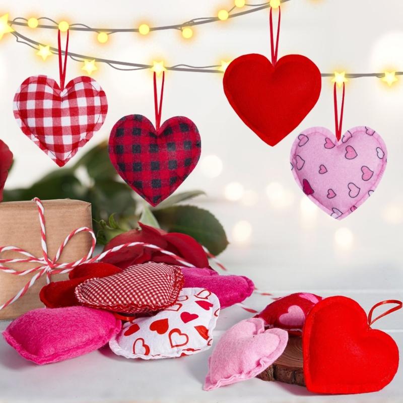 Pack of 12 Plaids Check Fabric Heart Shape Hanging Ornaments Pendants for Valentines Day Wedding Decors Party Supplies