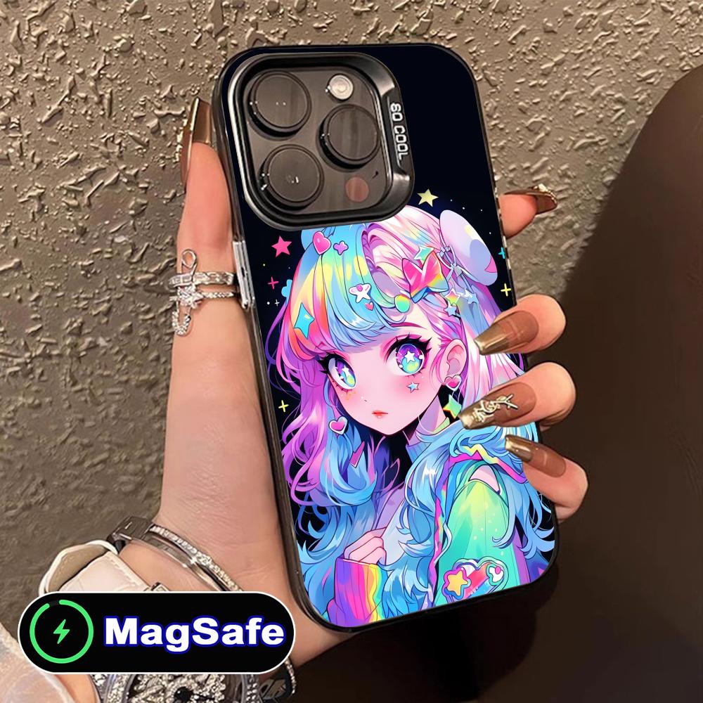 Kawaii Pink Anime Girl Phone Case for iPhone 16 15 14 13 12 11 Pro Max Plus MagSafe Translucent Colour Protective Cover Luxury