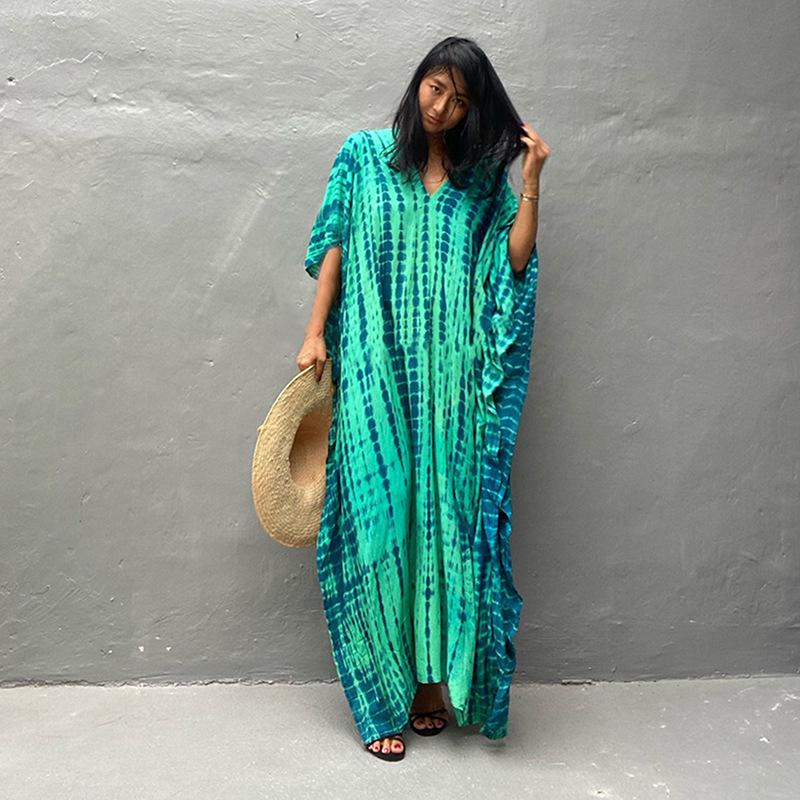 

Европейский и американский полосатый пляжный чехол из хлопка тай-дай: Свободный стиль длинного халата, платье для отпуска, накидка для бикини, 30 вариантов цвета. One Size