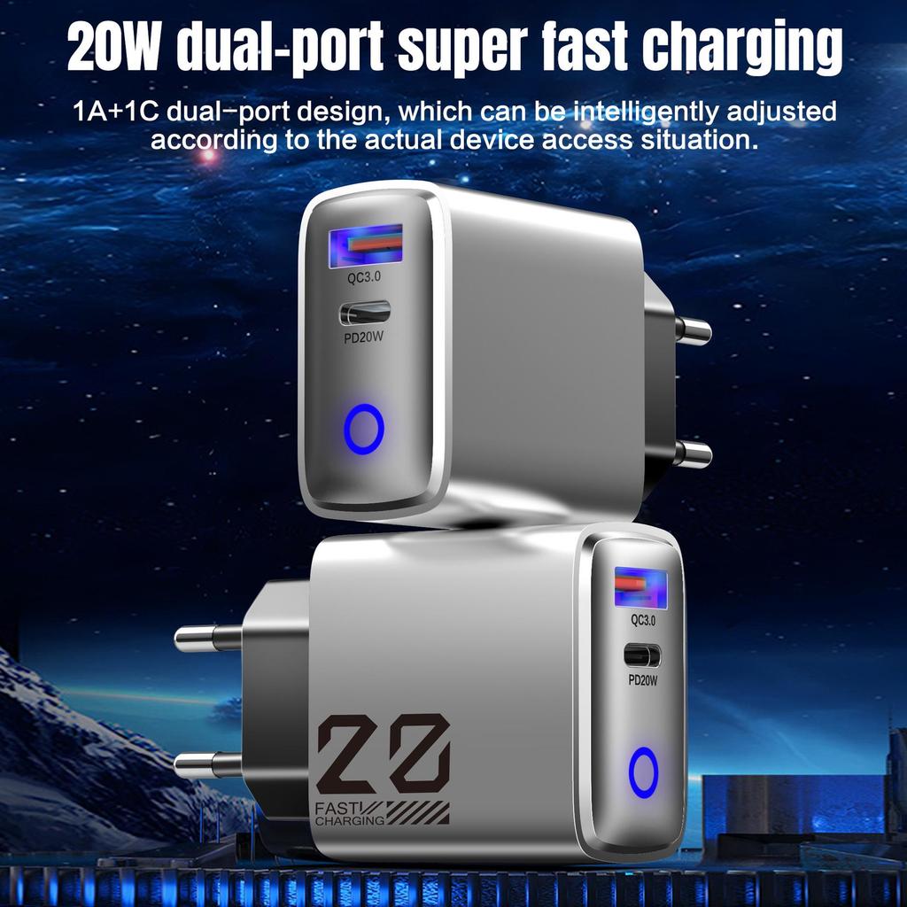 New Metal 20W Type-C EU Charger: Mini USB+PD Fast Charging with Light