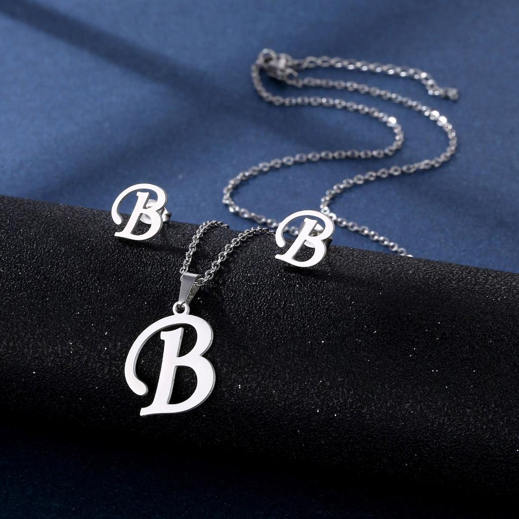 Stainless Steel Letter Pendant Necklace Unisex Jewelry Set Letter Earrings Party Accessory Present for Fashion Lover