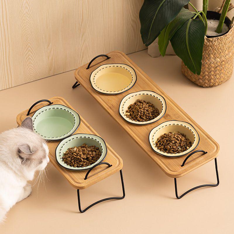 Non-Spill Raised Pet Bowl Set: Double Dog Bowl, Triple Cat Bowl, Anti-Tip Ceramic for Neck Protection