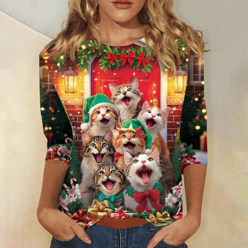 Dámské módní a ležérní top s tříčtvrtečním rukávem a vánočním potiskem s kulatým výstřihem