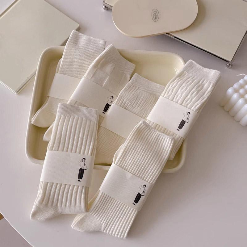 Women's Socks White Breathable Casual Japanese Style Crew White Socks Simple Basic High Quality Ladies Plain Socks Striped Girl