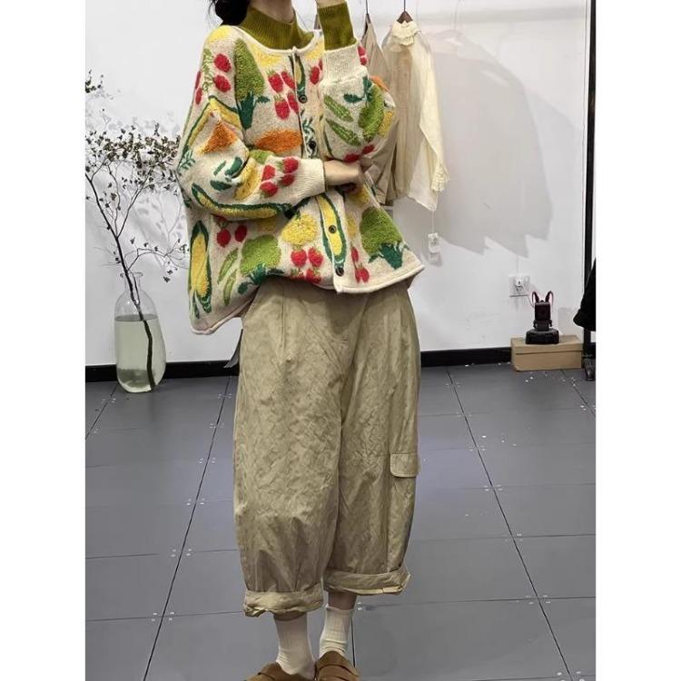 2023 New Fashion Women Oversize Floral Cardigan Sweater Knitting Jacket Casual Loose Plus Size Green Buttons Winter Autumn Dimanaf