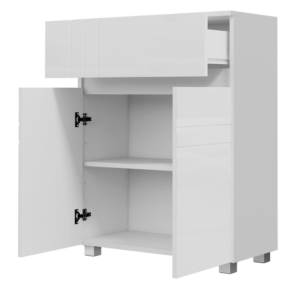 Freestanding Bathroom Storage Unit with 2 Doors, 1 Drawer, Adjustable Shelf, White Lacquered