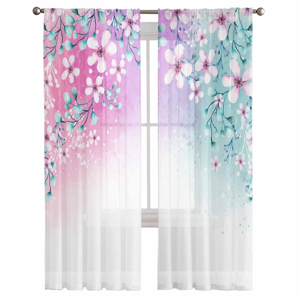 Plant Color Floral Watercolor Natural Bedroom Curtains Tulle Sheer Curtain Living Room Home Decor Voile Drapes