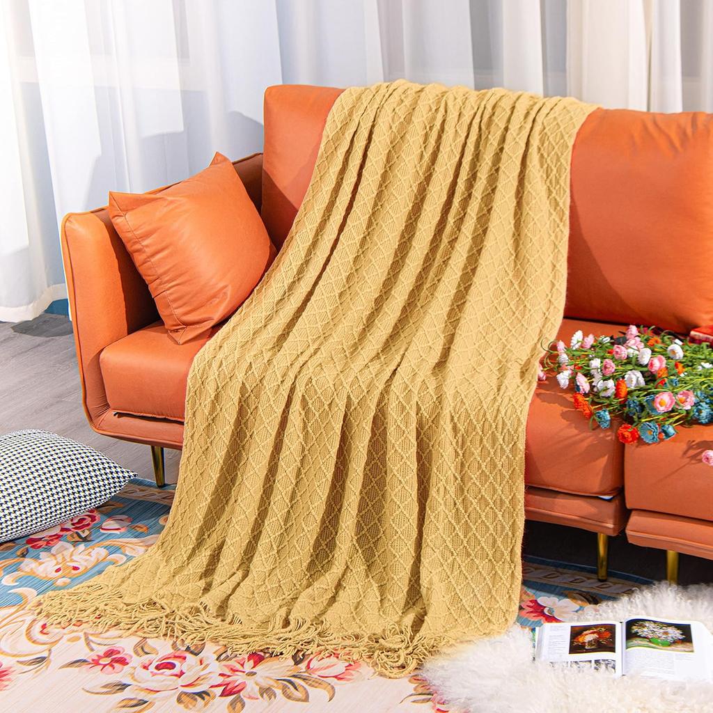 Knitted Throw Blanket Soft Cozy for Couch Yellow Living Room Home Decor Outdoor Lightweight Blanket with Tassels Warm Woven