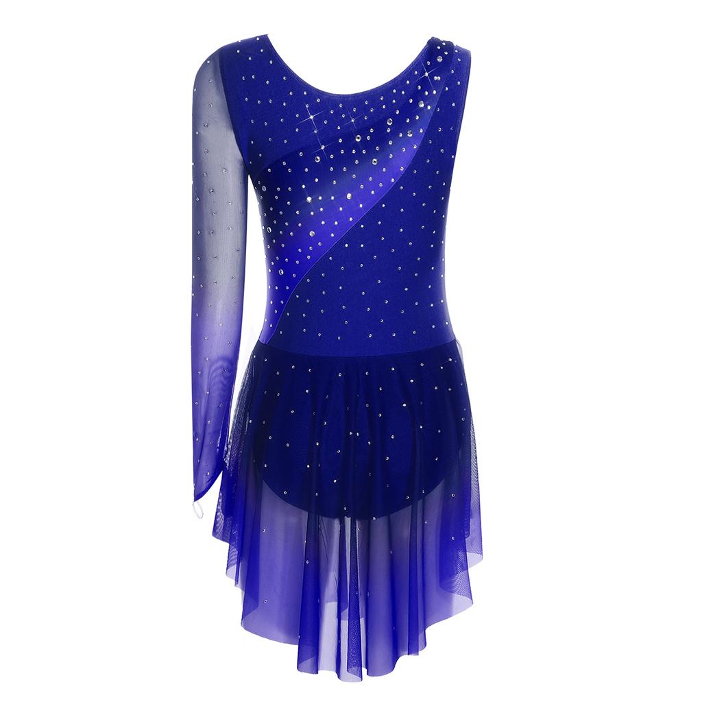 Damen Gradient Leotard Kleid Langarm Ärmellos Strasssteine Unregelmäßiger Netzsaum Eiskunstlauf Ballett Body