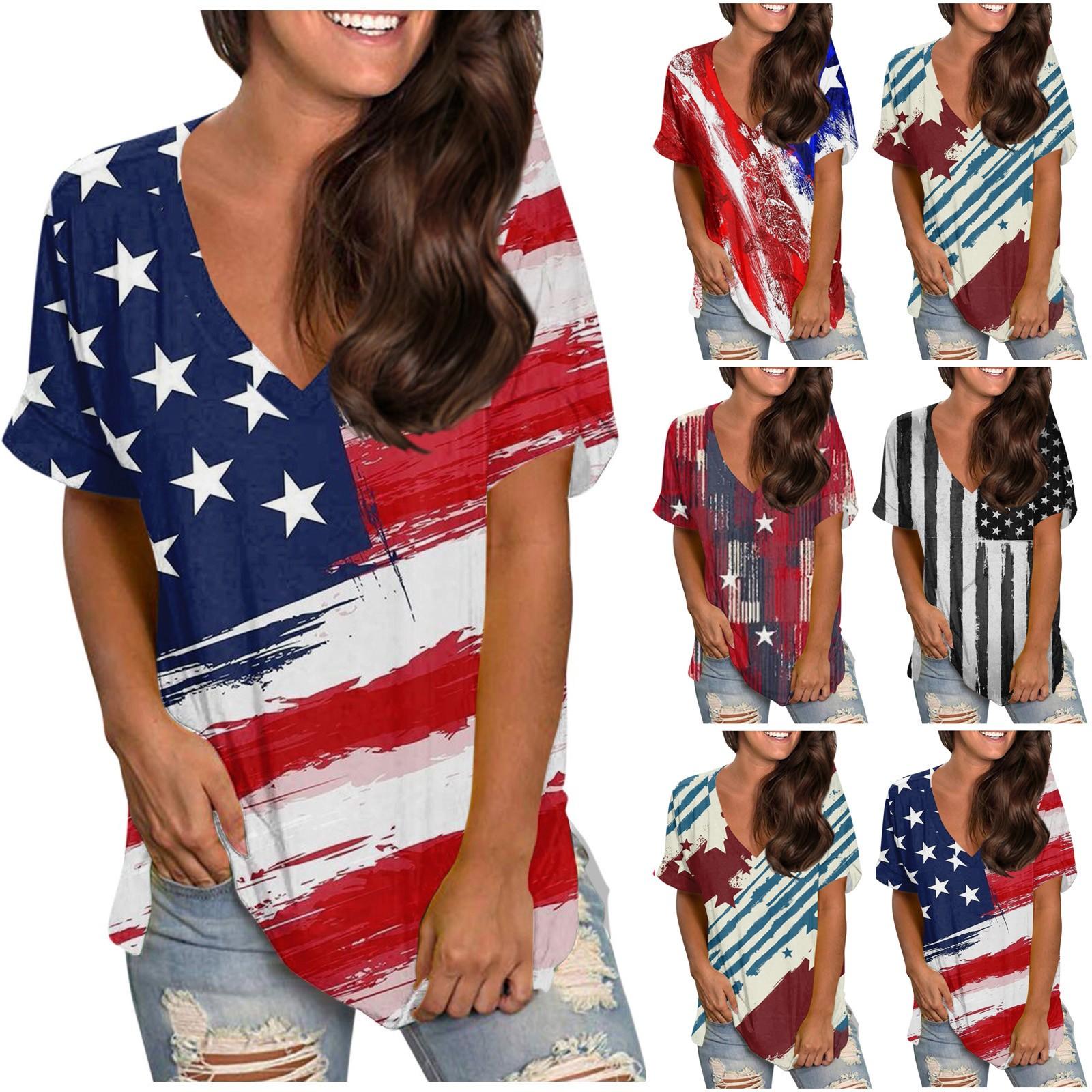 

Women s Fashion Casual Independence Day Printed V Neck Short Sleeve Top Blouse L чёрный