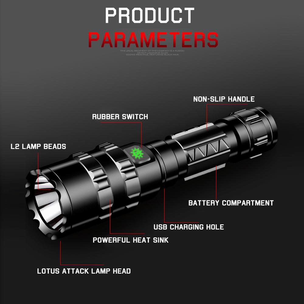 Professional Hunting Tactics Night Reconnaissance LED Flashlight L2 Lamp Beads Waterproof Rechargeable Outdoor Portable Torch
