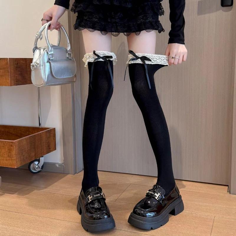 Japanese Women Lace Black White Ruffle Long Socks Kawaii Loli Soft Girl Sweet Stockings JK Lolita Leggings Over The Knee Bowknot