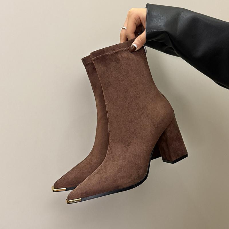 

Winter Metal Pointed Toe Thick Heel Women Ankle Boots Street Style Female Stripper Party Slim Short Booties De Muje 35